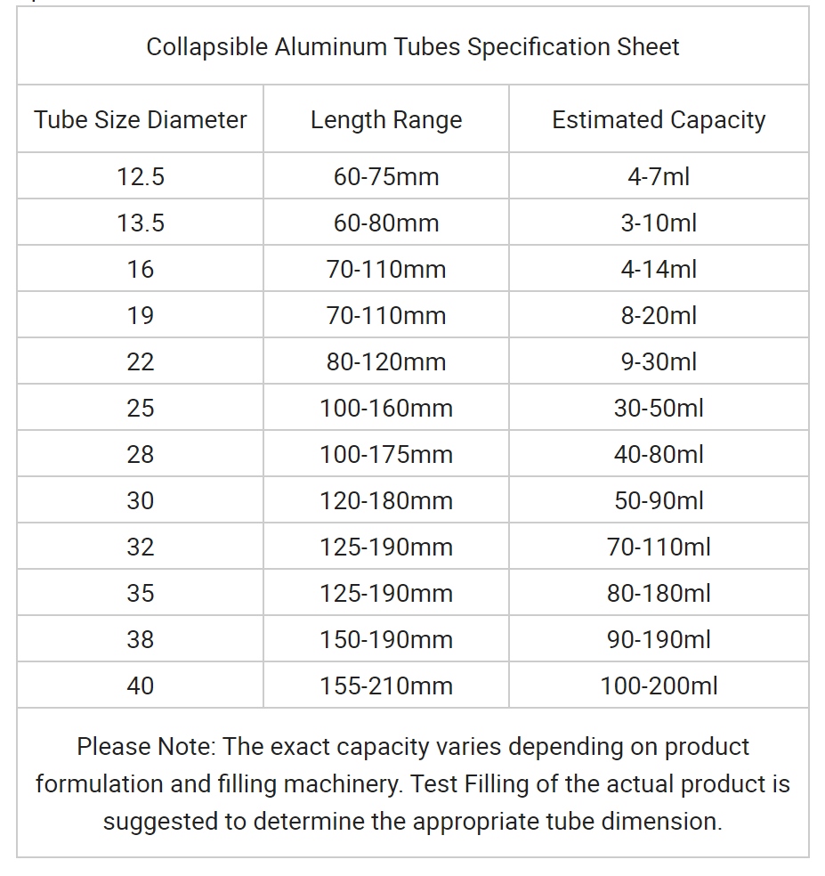 aluminum tubes size